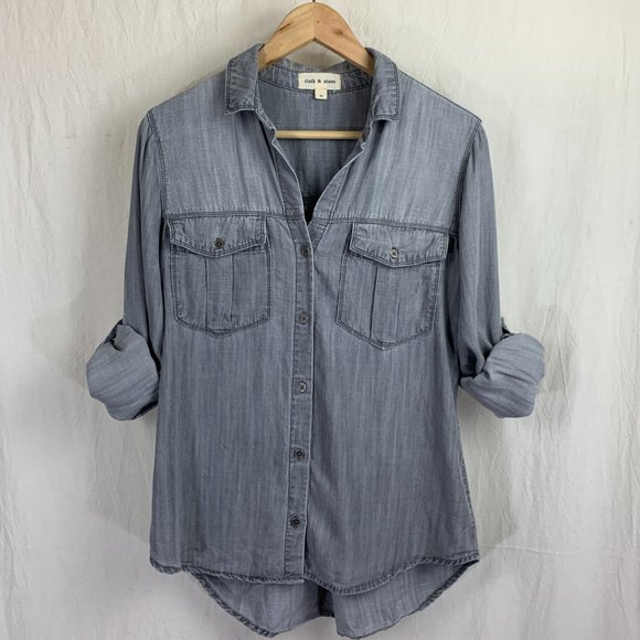 Cloth & Stone Collared Button-Up Shirt in Light Grey Tencel - Picture 7 of 9